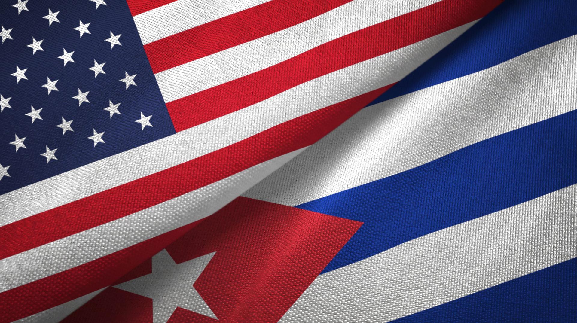 Cuba and United States two flags together textile cloth, fabric texture