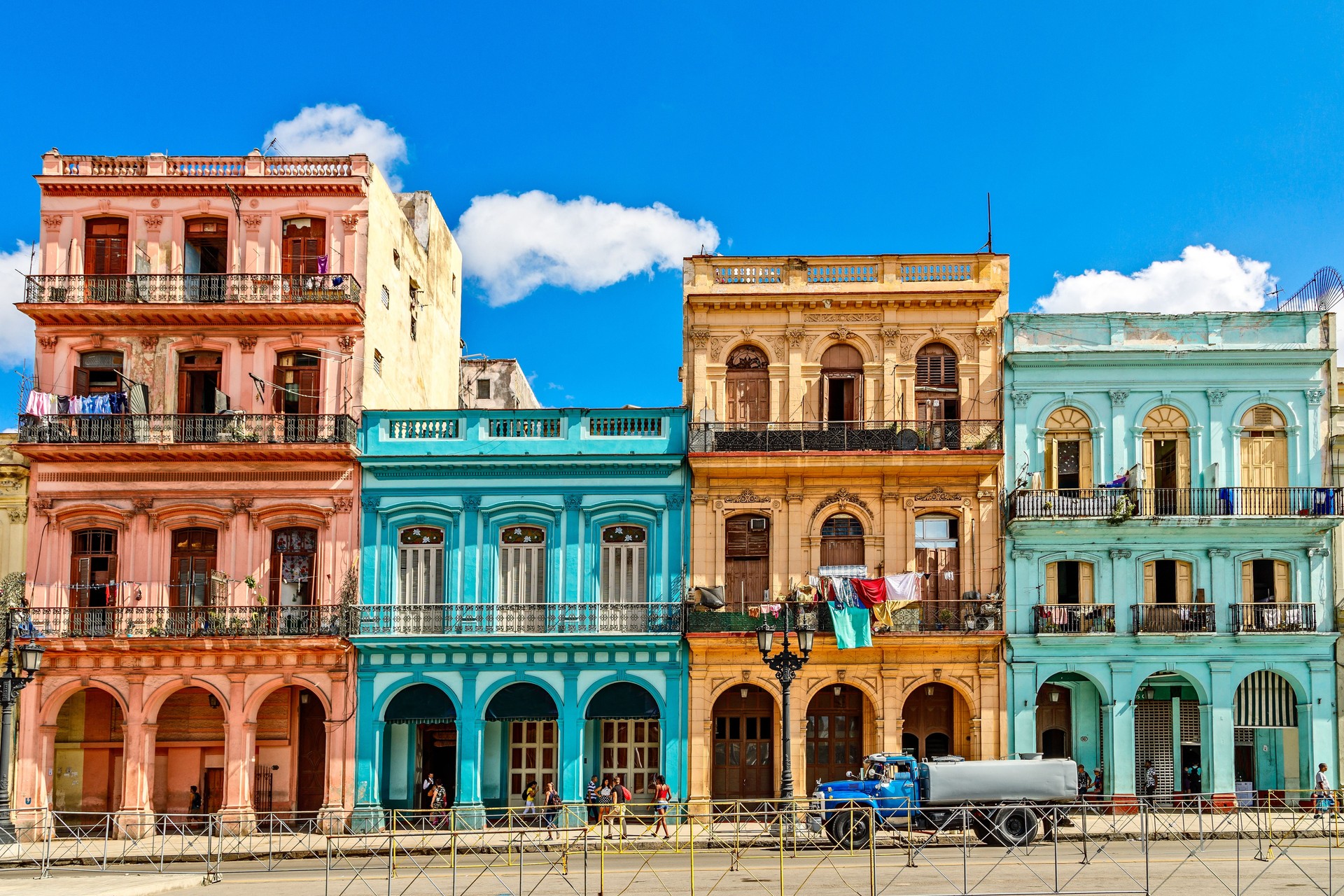 Colonial colorful houses across the road in the center of Havana